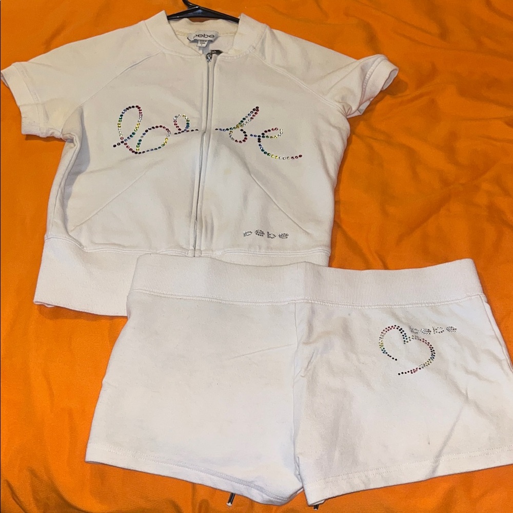 Bebe White Zip-Up Top and Shorts with Rhinestone Logo